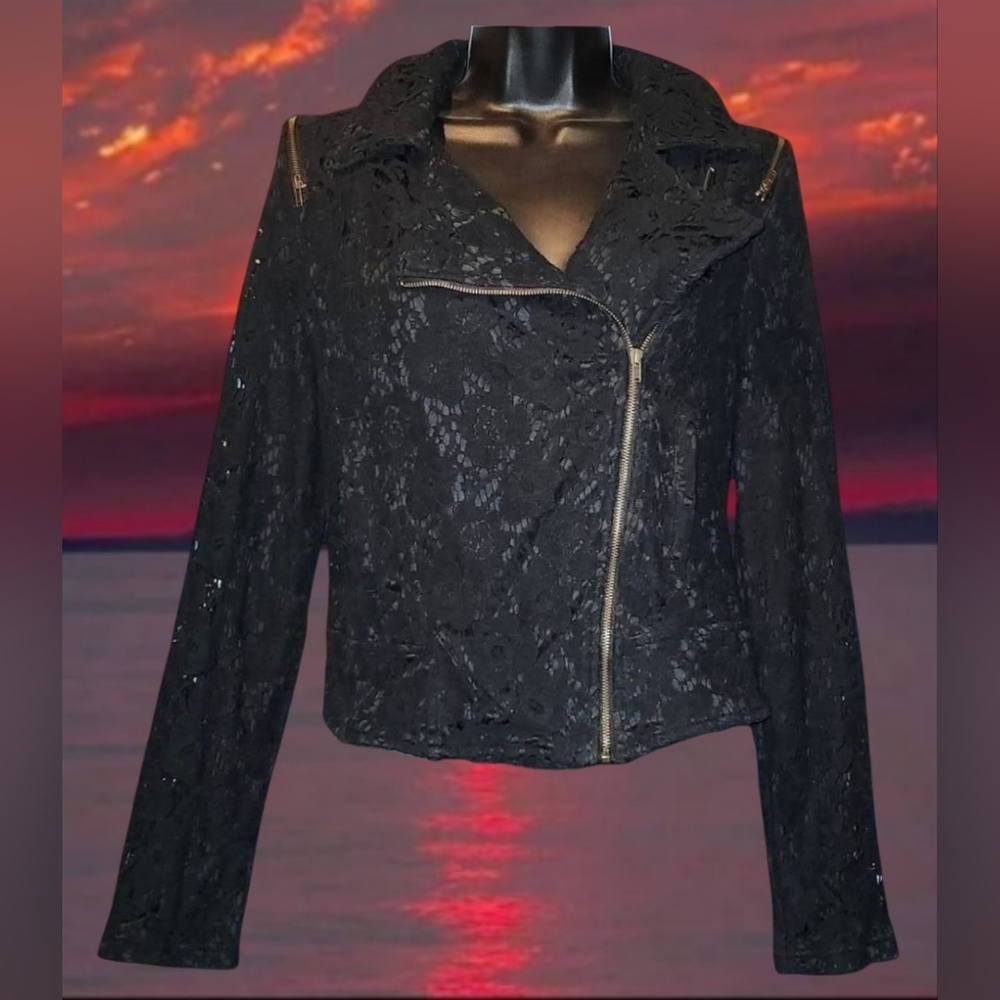 Y2K BONGO Black Lace Moto Jacket Sz L Gorgeous Cropped Retro Excellent Condition